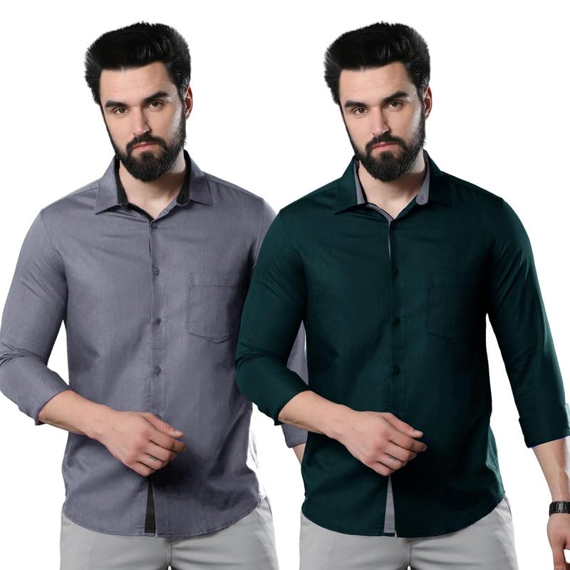 Image of Pinkmint Combo of Men Casual Cotton Blend Full Sleeves Formal Regular Slim Fit Plain Office Shirts