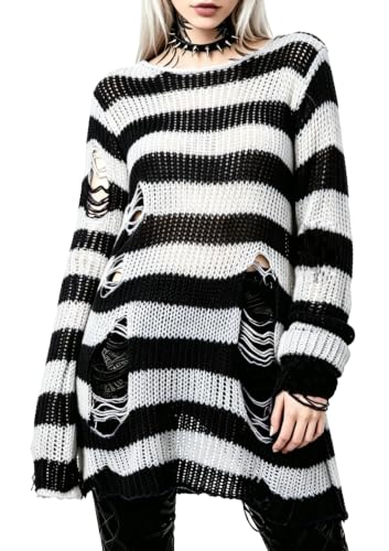 Image of Goth Y2K Striped Sweater Grunge Ripped Punk Gothic Sweaters for Women