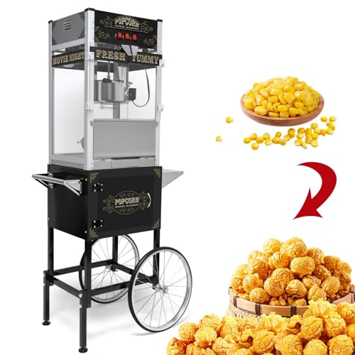 Image of 20 Oz Popcorn Machine with Cart: This popcorn machine on wheels combines an antique-style design with modern features. The cart includes bicycle-style wheels and a cabinet -Black