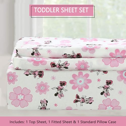 Image of Cozy Line Home Fashions Pink Minnie Mouse Floral 3 Piece Cotton Toddler Sheet Set