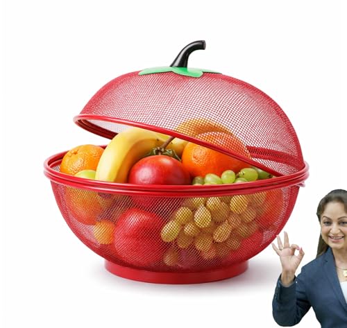 Image of PANCA Fruit Basket for Kitchen Apple Shape with Net Cover | Fruit & Vegetable Storage Stand for Dining Table | Red Fruit Bowl for Home, Kitchen Counter & Daily Use