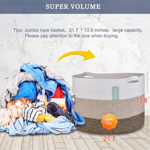 Image of Cotton Rope Blanket Basket, 87L Laundry Hamper, White & Ombre Brown | Collapsible Woven Nursery Hamper, Sturdy Handles for Clothes Toys Towels, Ideal for Living Room Bedroom Bathroom