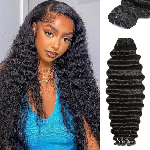 16A Deep Wave Bundles Human Hair 18 Inch Raw Human Hair Bundles, Indian Virgin Sew In Quick Weave Deep Wave Bundles 100% Human Hair Extensions Tangle Free Shedding Free Triple Lifespan 3X