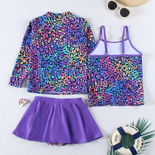 Girls Swimsuit 3 Piece Rash Guard Tankini Set Kids Long Sleeve Bathing Suit Swimming Skirt with Shorts Swimwear 3-12T2