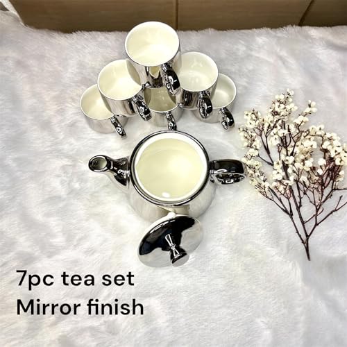 Image of DMRD MART-Porcelain Tea Set with Kettle |Tea Cup Set of 6 | Aesthetic and Classic Cups Set | Premium Crockery for Home & Gifting with Golden Color Geometric Pattern Design