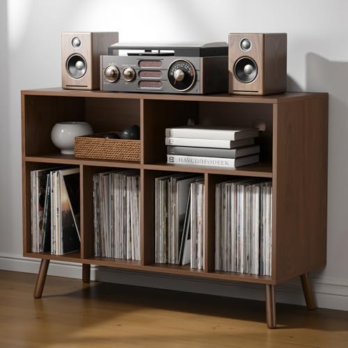 AUREUM OPAL Plattenspieler-Ständer mit Schallplattenaufbewahrung Vinyl-Plattenregal mit Präsentationsfläche Schallplattenständer für bis zu 350 Alben Musikzimmer und Wohnzimmer (Braun)