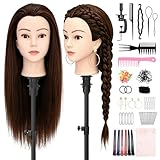 Yofuly 24Zoll / 61cm Frisierkopf mit Ohrlöchern, 80% Echthaar Übungskopf, Frisieren Trainingsköpfe Puppenkopf Friseur Mannequin Kopf mit Tischklemme + DIY-Zopfset Set (Braun)