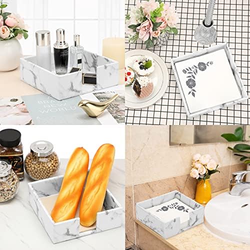 BTSKY PU Leather Square Napkin Holder - Cocktail Napkins, Napkin Box Tissue Holder for Dining Table Kitchen Restaurant Hotel Reception and Parties, PU Leather Storage Holder Organizer, Marble White
