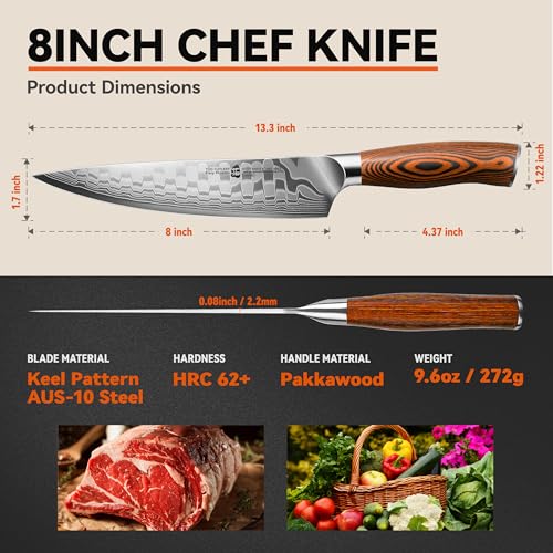 Image of TUO 8 inch Chef Knife in Japanese Steel AUS-10, 67 Layers Damascus Kitchen Knife, High Carbon Steel Blade with Dragon Pattern & Pakkawood Handle