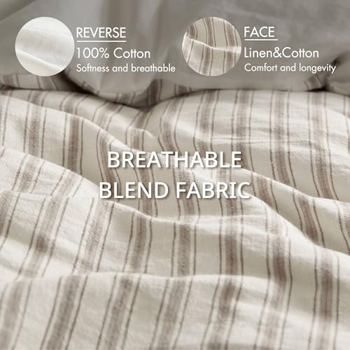 Image of Madison Park Linen Cotton Rayon Blend Duvet Cover Set, 3PC Queen | Striped Design, Lightweight & Breathable Bedding with Shams, Tan