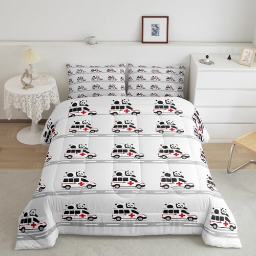 Erosebridal Panda Ambulance Queen Comforter Set for Kids Teens Adults,Cartoon Medical Vehicles Bedding Set,Cute Animal Duvet Insert,Emergency Vehicle Bed Set for All Season