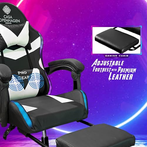 Image of Casa Copenhagen Designed in Denmark,High-Back Italian Leather Gaming Ergonomic Chair with Advanced Mechanism with LED Light & Electric Back Massager, Memory Foam Seating - White & Black