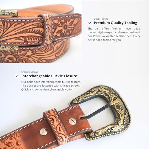 RESISTANCE Premium Western Cowgirl Cowboy Floral Tooled Argentinian Leather Belt With Floral Embossed Silver Buckle4