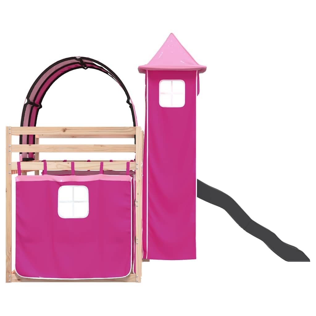 Hochbett mit Rutsche und Vorhängen Rosa 80x200 cm - Kinderbett aus Kiefer-Massivholz mit Leiter Turm Tunnel und Rausfallschutz - Spielbett für Kinderzimmer