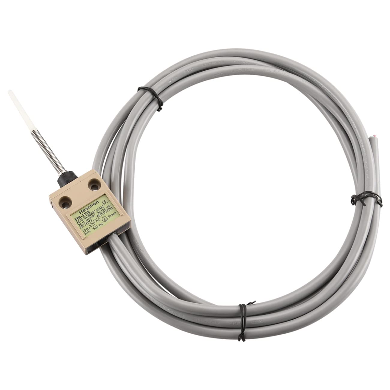 Produktbild von Heschen Kompakter Endschalter HS-3166 – Wasserdicht IP67, 1NO 1NC, 5A/250VAC, Mit Spiralfeder-Kunststoffstab