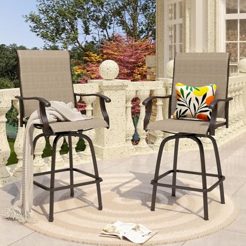 Image of PHI VILLA Outdoor Swivel Bar Stools Set of 2, Bar Height Patio Chairs 30 inch Seat Height with All-Weather Brown Textilene Fabric, Tall Patio Chairs Furniture for Outside, Deck, Yard and Garden