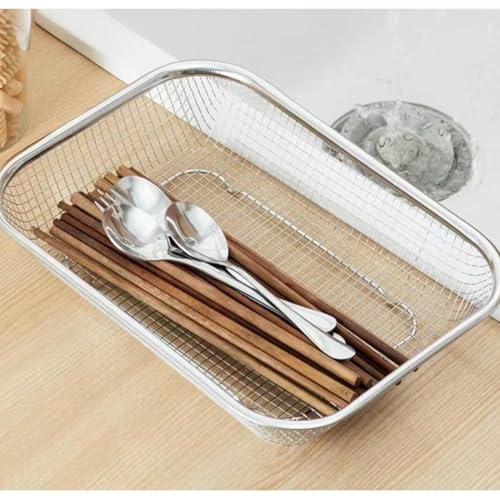 Image of Stainless Steel Sink Colander Strainer Basket, Rectangular Kitchen Drain Tray for Fruit & Vegetable Washing, Rust Proof Metal Mesh Rinsing Basket for Home Kitchen Use