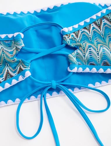 Image of ZAFUL Women Strapless Textured Bandeau Bikini 2 Piece Swimwear Cheeky Solid Lace up Bathing Suits