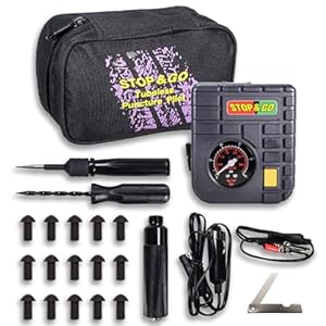 Stop & Go 6000 24 Piece Tubeless Puncture Pilot Tire Repair Kit & Air Compressor for Flats on Motorcycle, Scooter, ATV, UTV, Golf Cart, & Mower (15 Plugs)