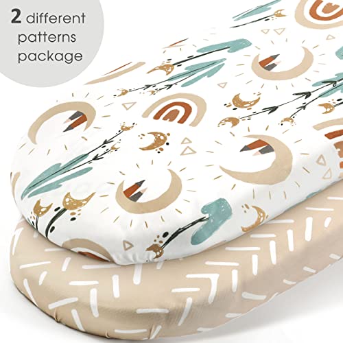 Image of Stretchy Ultra Soft Fitted Bassinet Sheets Set 2 Pack, Cradle Sheet Universal Fit for Rectangle, Oval, or Hourglass Bassinet Pad /Mattress Safe and Snug, Stylish Cute Rainbow Print for Baby