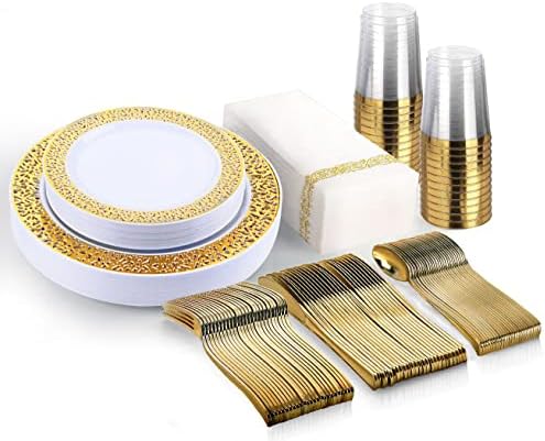 BAYZZ 175 Piece Gold Dinnerware Set,25 Guest Gold Lace Design Plastic Plates,25 Gold Plastic Silverware,25 Gold Cups ,25 Linen Like Gold Napkins, Disposable
