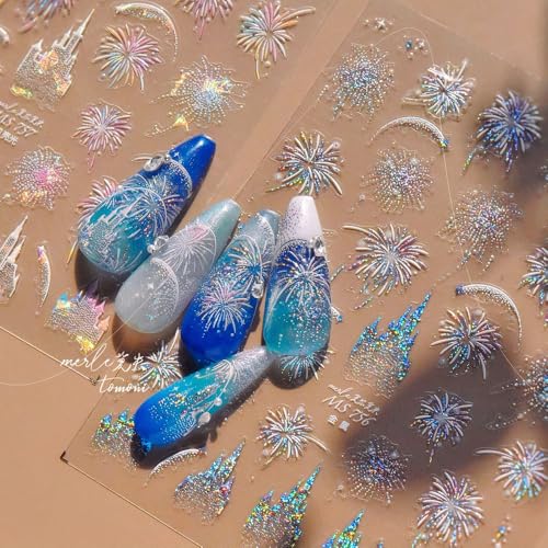 Fireworks Nail Stickers 5D Embossed Premium Salon-Quality Nail Charm Accessories Easy Application & Self-Adhesive Pink Festival Theme Park Sticker DIY Manicure Nail Art Press on Home or Salon