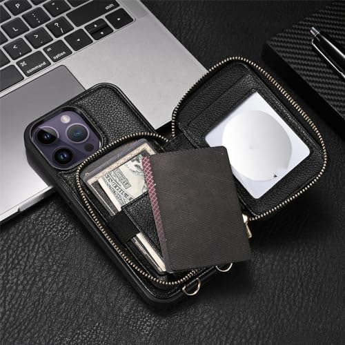Miroir portefeuille avec chaîne en métal et lanière en cuir pour iPhone 14 Pro - 4