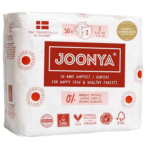 Image of Joonya Baby Diapers, Size 2 S (7-13 lb) - 1 Bag of 30 - Non Toxic, Eco-Friendly, High Absorbency, Overnight Use, Ultra Slim & Soft - Made in Denmark