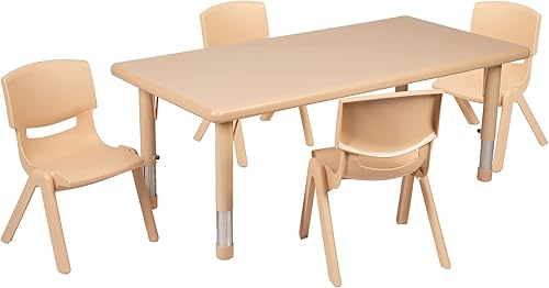 Flash Furniture Emmy - Juego de mesa rectangular de plástico natural de 24 pulgadas de ancho x 48 pulgadas de largo, con 4 sillas