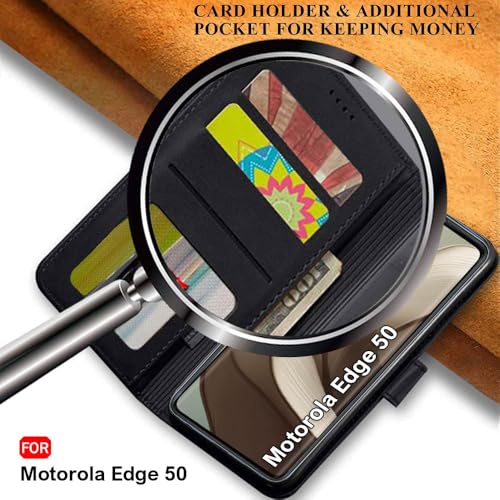 Image of TheGiftKart Flip Cover Back Case for Motorola Moto Edge 50 5G | Genuine Leather Finish | Designer Button | Inbuilt Pockets & Stand | Wallet Style Flip Case Cover for Moto Edge 50 (Faux Leather, Black)