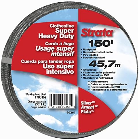 Strata 150 Feet Clothesline Outdoor Heavy Duty Galvanized Wire Steel Cable, Silver PVC Coating - Clothes Line Wires for Outside Laundry Drying