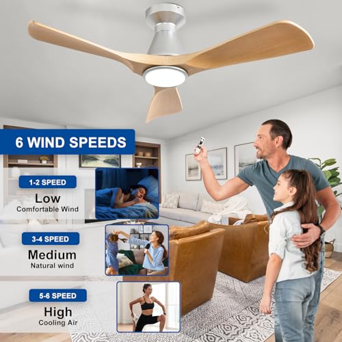 Image of Depuley 42-Inch Ceiling Fans with Lights: Wood 3 Blade Flush Mount Low Profile Ceiling Fan for Bedroom - Dimmable Indoor Outdoor Fan with Remote Control Ultra Quiet DC Motor Timer