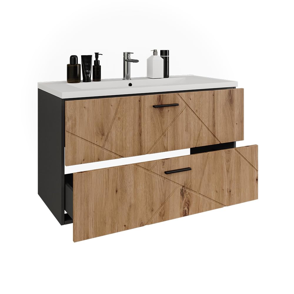 Vicco Conjunto de Muebles de baño Irma, Antracita/Roble Dorado, 100 cm | compuesto por mueble bajo de baño y lavabo