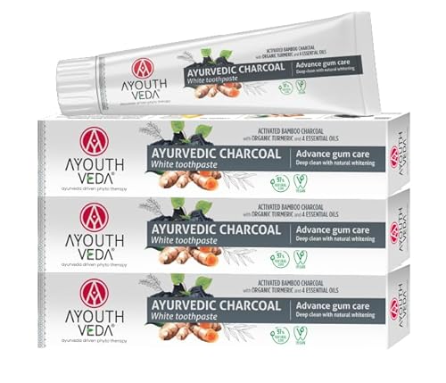 Ayouthveda Dentifricio al carbone ayurvedico – carbone di bambù biologico per sbiancamento naturale e salute delle gengive, non fluoruro, vegano, confezione da 3 (3 x 100 g)