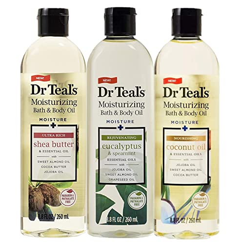 Dr. Teals Bath & Body Oil Variety Gift Set (3 Pack, 8.8oz Ea.) - Rejuvenating Eucalyptus, Ultra Rich Shea Butter, & Nourishing Coconut Oil - Essential Oils Hydrate Skin & Alleviate Stress