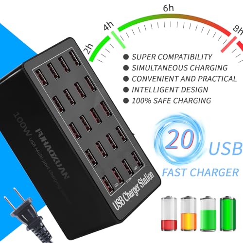 Image of Charging Station, 100W 20-Port USB Multi Device Charger Hub with Intelligent Safety Features, Compact Power Strip for Phones, Watches, Pads, Speakers, Headphones & PS, Ideal for Home Office & Travel