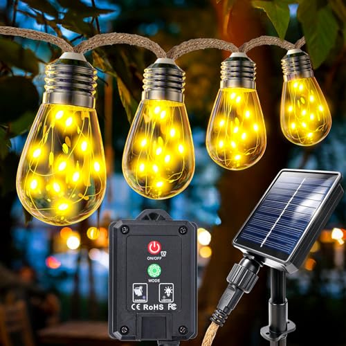 Solar Lichterkette Aussen Mit 20 Glühbirnen IP65 8 Modi Solar Lichterkette Außen Wetterfest Warmweiß Vintage Solarlichterketten mit Hanfseil Outdoor für Garten Party Balkon (16 Birnen ohne FB)