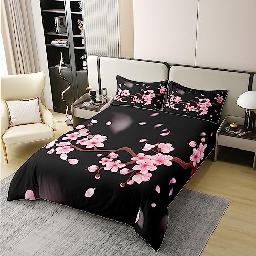 Loussiesd Cherry Blossoms 100% Cotton Duvet Cover King Size Japanese Style Bedding Cotton Duvet Cover Set Decor Sakura Flower Comforter Cover Set Floral Botanical Pink Black Bedspread Cover - Image 3