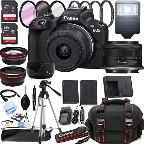 Canon EOS R50 Mirrorless Digital Camera with RF-S 18-45mm f/4.5-6.3 is STM Lens + 128GB Memory + Case + Tripod + Filters (38pc Bundle) (Renewed)