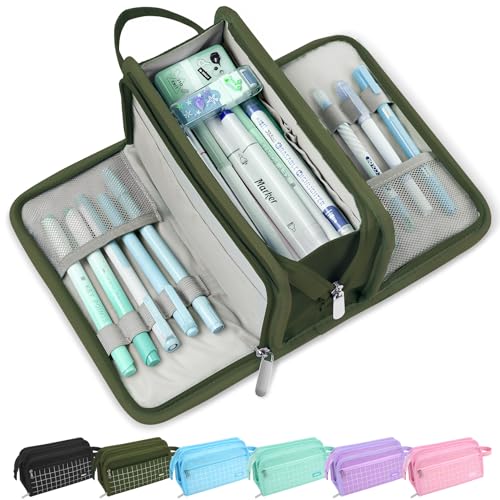 Image of Sooez Large Pencil Case, Big Capacity Pencil Pouch Pen Bag with 3 Compartment, Portable Canvas Stationery Organizer with Zipper, Cute Aesthetic School Supplies for Teen Girls, Army Green with Plaid