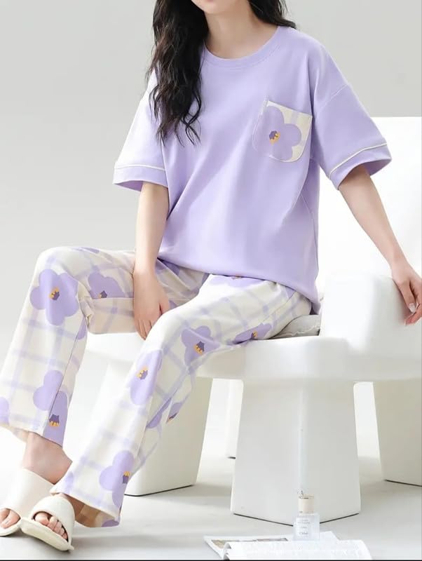 Image of Women's Pajama Set with Top & Pants|| Korean Night Wear|| Loose Fit Home Wear || Lightweight Printed Set || Soft & Comfy Girls & Women