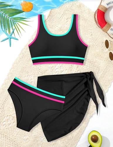 Image of Girls Swimsuit Double Strap High Waist Sporty Bikini Swimsuits Swim Cover Up Skirt 3 Piece Set