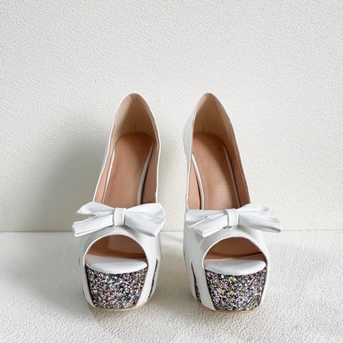 Frankie Hsu Sexy Stiletto Platform High Heeled Pumps, Classic White Colorful Glitter Fashion Shoes, Big Large Size Designer Bow Spike Ankle Sandal For Women US5-143