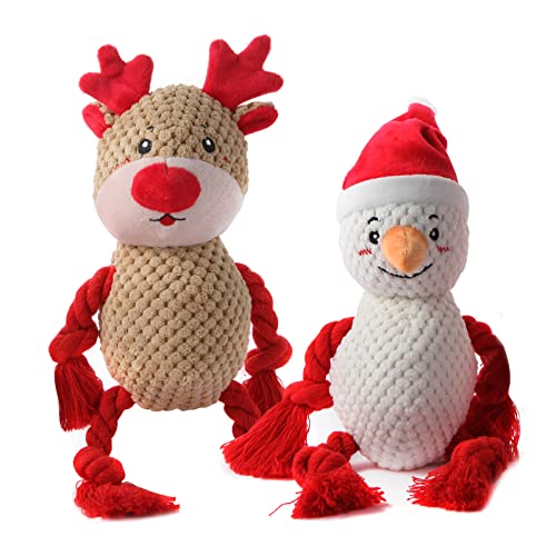 Chngeary 2 Pack Christmas Squeaky Plush Dog Toys for Small Medium Large Dogs, Durable and Indestructible Dog Toys,Stuffed Squeaky Toys for Dogs Puppy Toys Include Cute Snowman and Elk