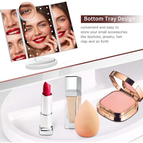 Image of SINZUX Vanity Cosmetic Mirror, 21 LED Lights, Touch Screen, Tri-Fold 2X 3X 10X Magnifying Mirror, 180Free Rotation, Dual Power Supply, White, 24L x 18W cm