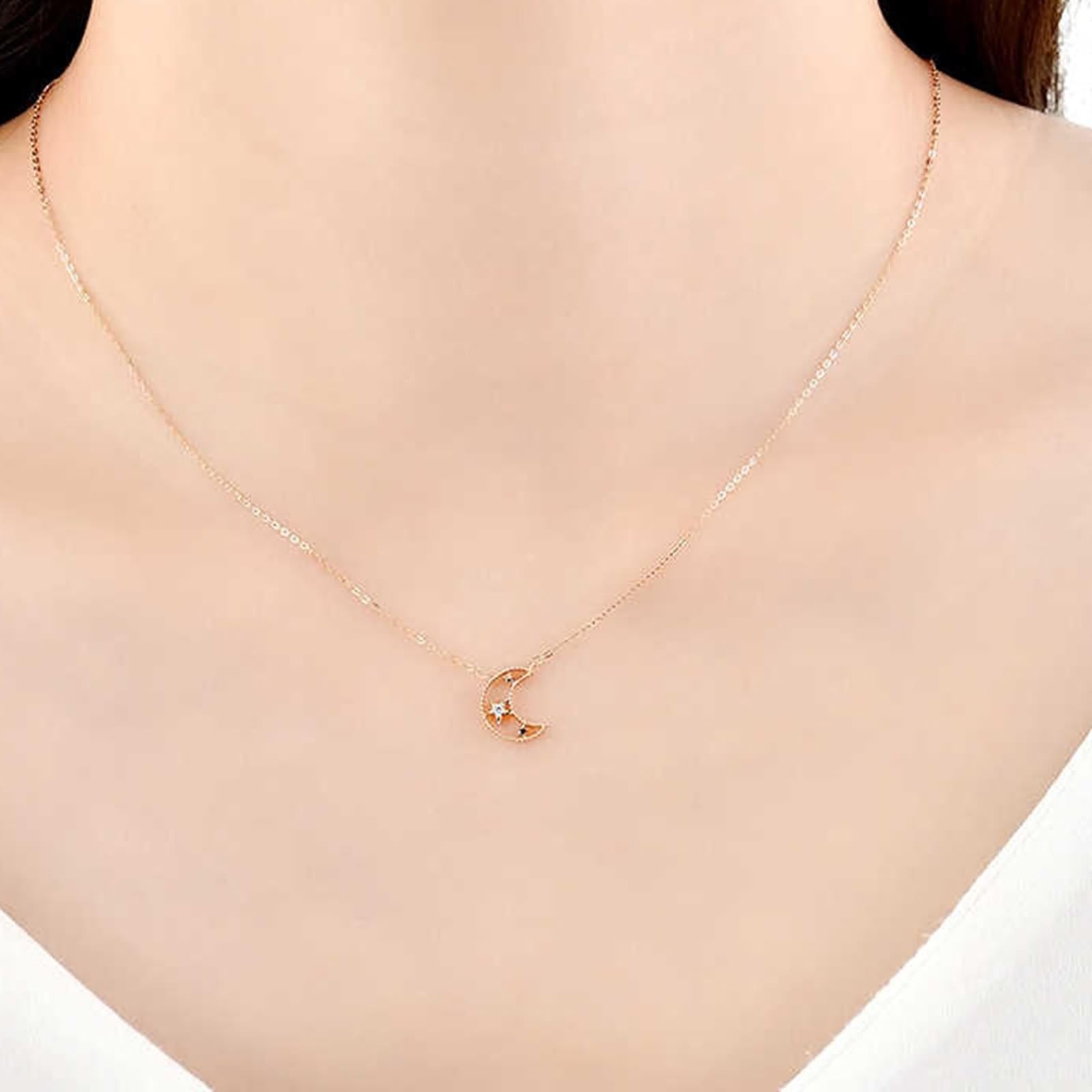 Collar largo con colgante para mujer, luna y estrella de moda con diamante de forma redonda, oro rosa de 9 quilates, 14 y 18 quilates