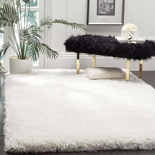 Image of Large White Microfiber Shag Rug 12x12 Feet Square with Heavy Thick Pile, Anti Slip Layer and Handcrafted Finish for Enhancing Living Room, Bedroom and Hall Interiors