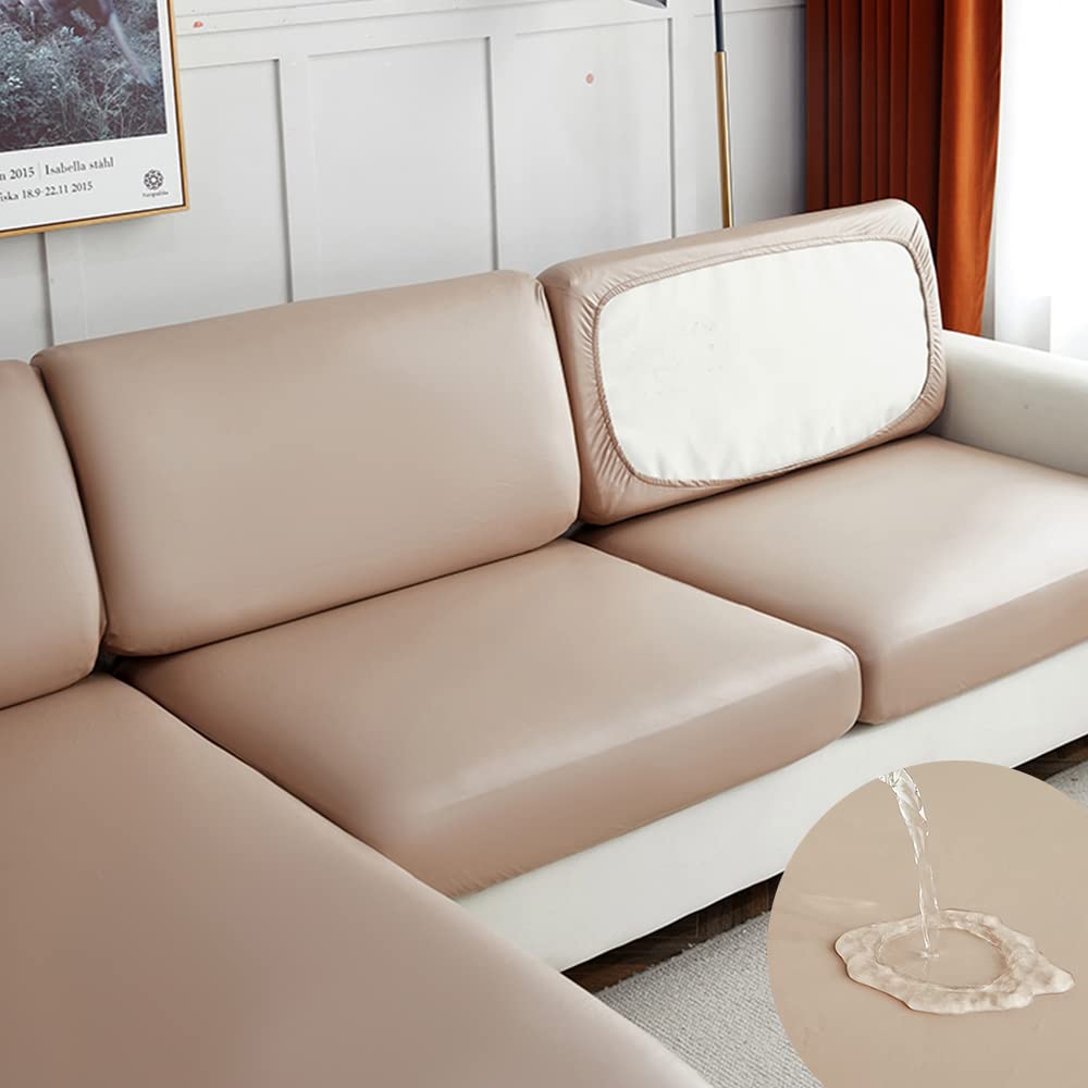 Surwin Leather Sofa Cushion Cover Couch Waterproof Seat Covers Sofa Seat Cushion Slipcovers Chair Loveseat Sofa Cover, High Stretch Fabric Furniture Protector (Backrest,Khaki)