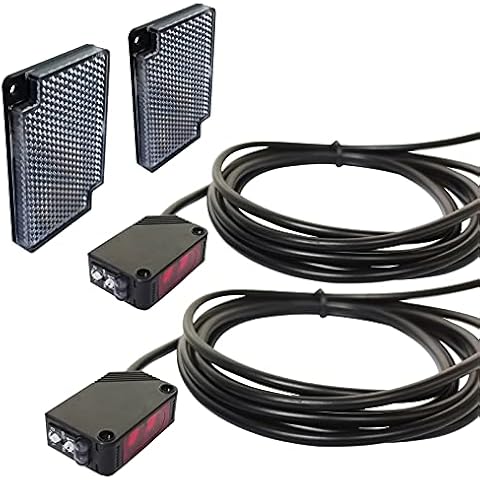 STBTECH Pack of 2 Light Barrier Sensors, Interior Wall Mounting NPN (NO or NC Switchable) Reflective Light Barrier Mirror Reflection Switch with 2 m Cable, Reflector Plate, 3 m Induction Distance Cover