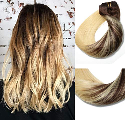 Clip In Human Hair Extensions Medium Brown to Bleach Blonde Extension Clip ins Thickened Double Weft 9A Brazilian Hair 120g 7pcs Full Head Silky Straight 100% Human Hair Clip In Extensions 16 Inch
